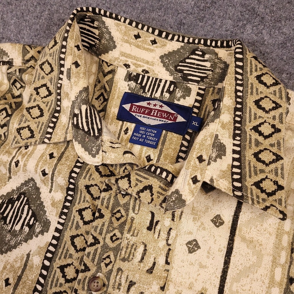 Ruff Hewn Tribal Geometric Button Up Shirt Mens XL Beige Browns 90s Aztec VTG